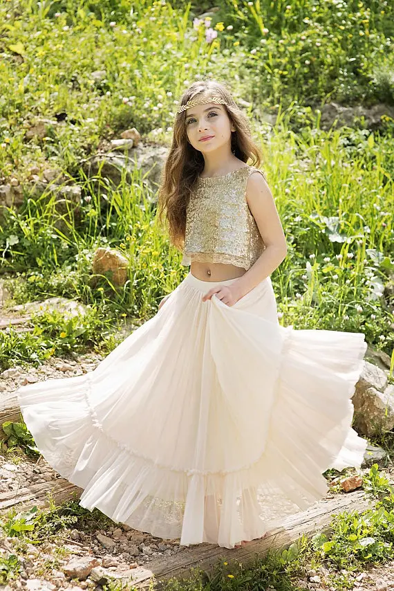 Champagne Tulle Gold Top Sequins Boho-chic Flower Girl Dress Junior Dress Girls Pageant Gown Custom Any Size