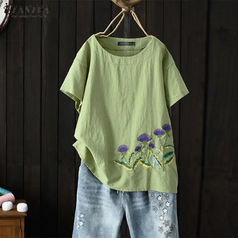 Billig ZANZEA 2019 Sommer Stickerei Shirt frauen Bluse Vintage Kurzarm Blusas Lose Chemise Femininas Casual Tunika Tops Mujer