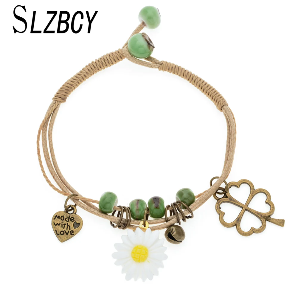 

SLZBCY Women Ethnic Braided Rope Chain Bracelets Resin Sunflower Leaf Charms Beads Bracelet&Bangle for Girls Party Jewelry Gift