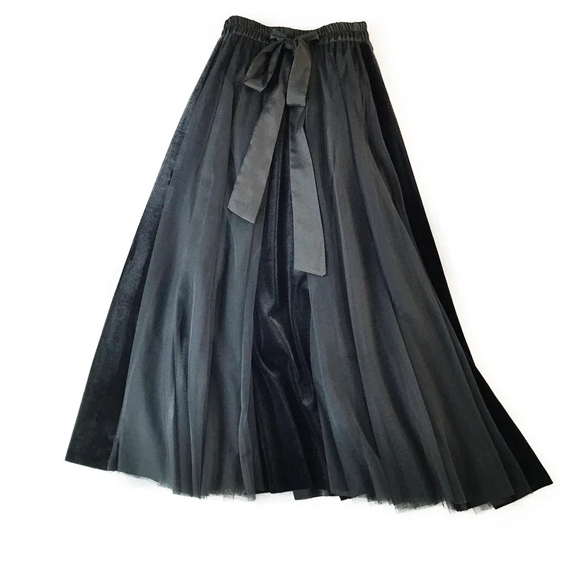 YuooMuoo Осенняя винтажная сетчатая женская синяя юбка до середины икры с поясом