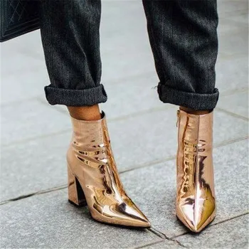 

EMMA KING Hot Sale Patent Leather Shoes Women Mirror Pointed Toe Thin High Heels Ankle Boots Party Stage Short Lady Booties