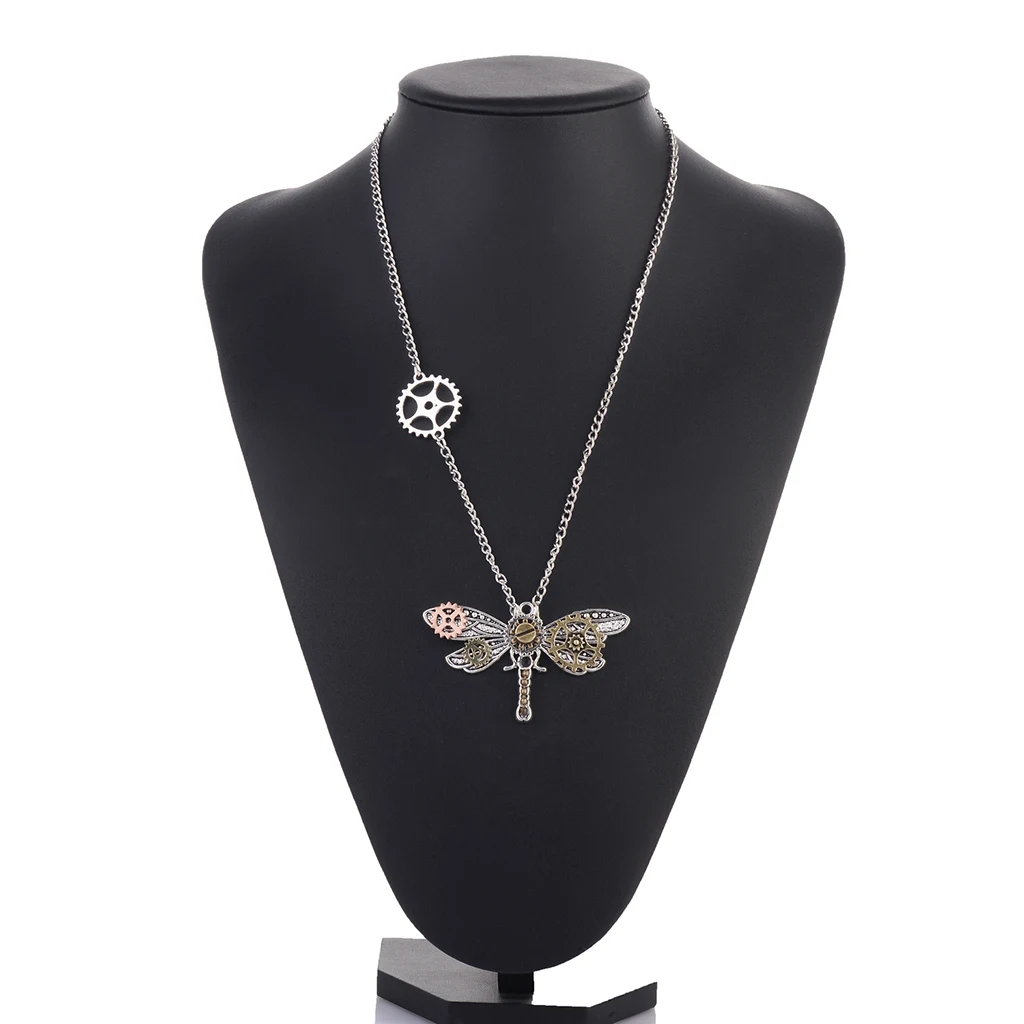 2Pcs Steampunk Vintage Rhinestone Decor Dragonfly Big Beetle Insect Shaped Multigear Gears Women Necklace Gears Chain