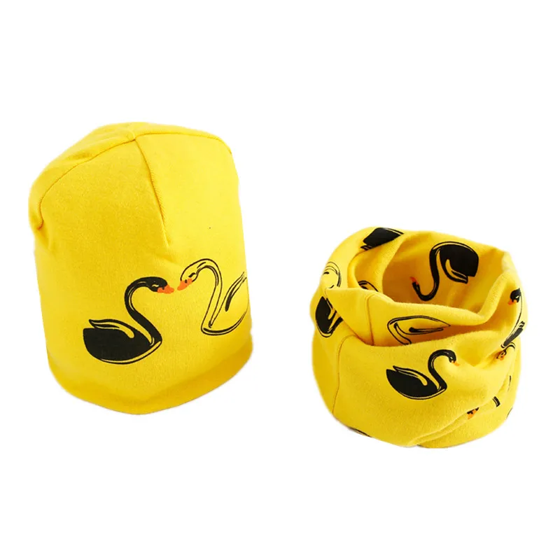 Осенне-зимний хлопковый шарф для маленьких девочек, шапка, принт со звездой, совой, мальчик, наборы шарф шапка, детский теплый воротник, мультяшный детский набор шапки и шарфа - Цвет: yellow swan
