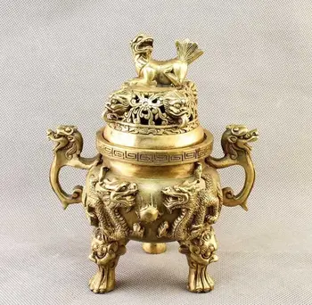 

ymying China Brass carved Dragon&FOO FU Dog Incense Burner/Censer Statue