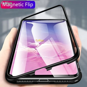 

100pcs For Samsung S0e S10 S10 Plus Magnetic Case Adsorption Metal Bumper Tempered Glass Back Cover Case