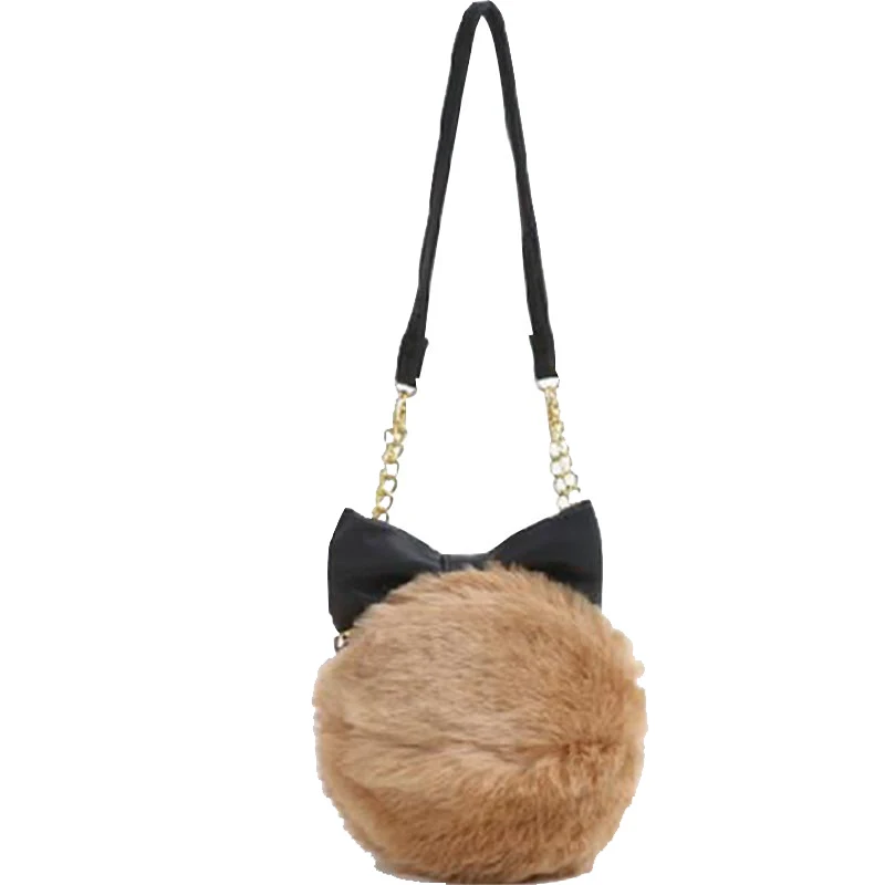 

Japanese Circle Hair Ball Messenger Bag Leather Bow Women Handbags Girls Crossbody Cross with Gold Chains Lady Coin Purse Bags