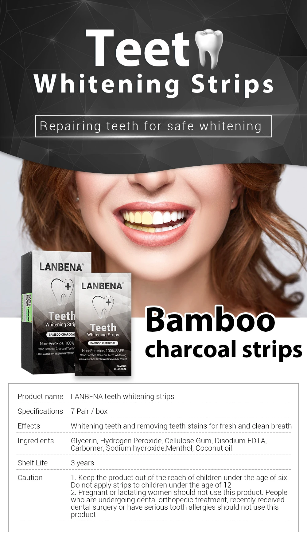 LANBENA отбеливающие полоски для зубов бамбуковый уголь гигиена полости рта виниры для зубов белые полоски сыворотка удаляет пятна налета 7 пар/кор