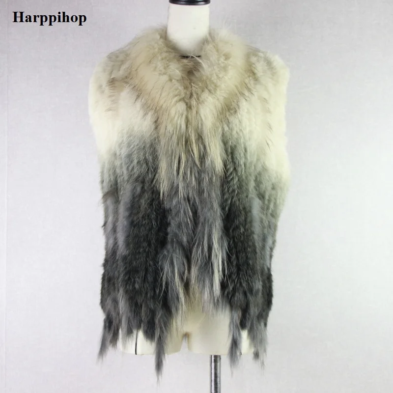hot SALE Free shipping womens natural real rabbit fur vest with raccoon fur collar waistcoat jackets