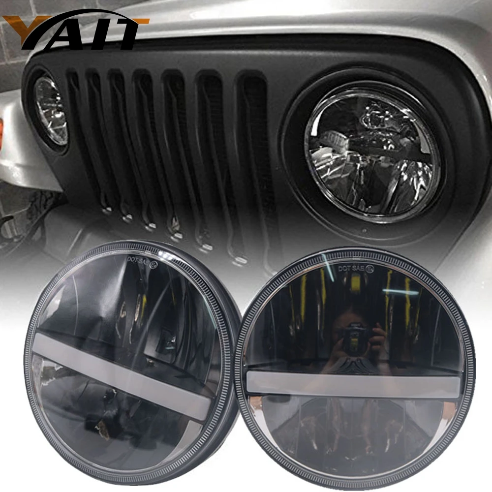 

Yait 2Psc 7 Inch LED Headlight H4 H13 Hi-Lo With Halo Angel Eyes for Lada 4x4 urban Niva Jeep JK Land rover defender Hummer