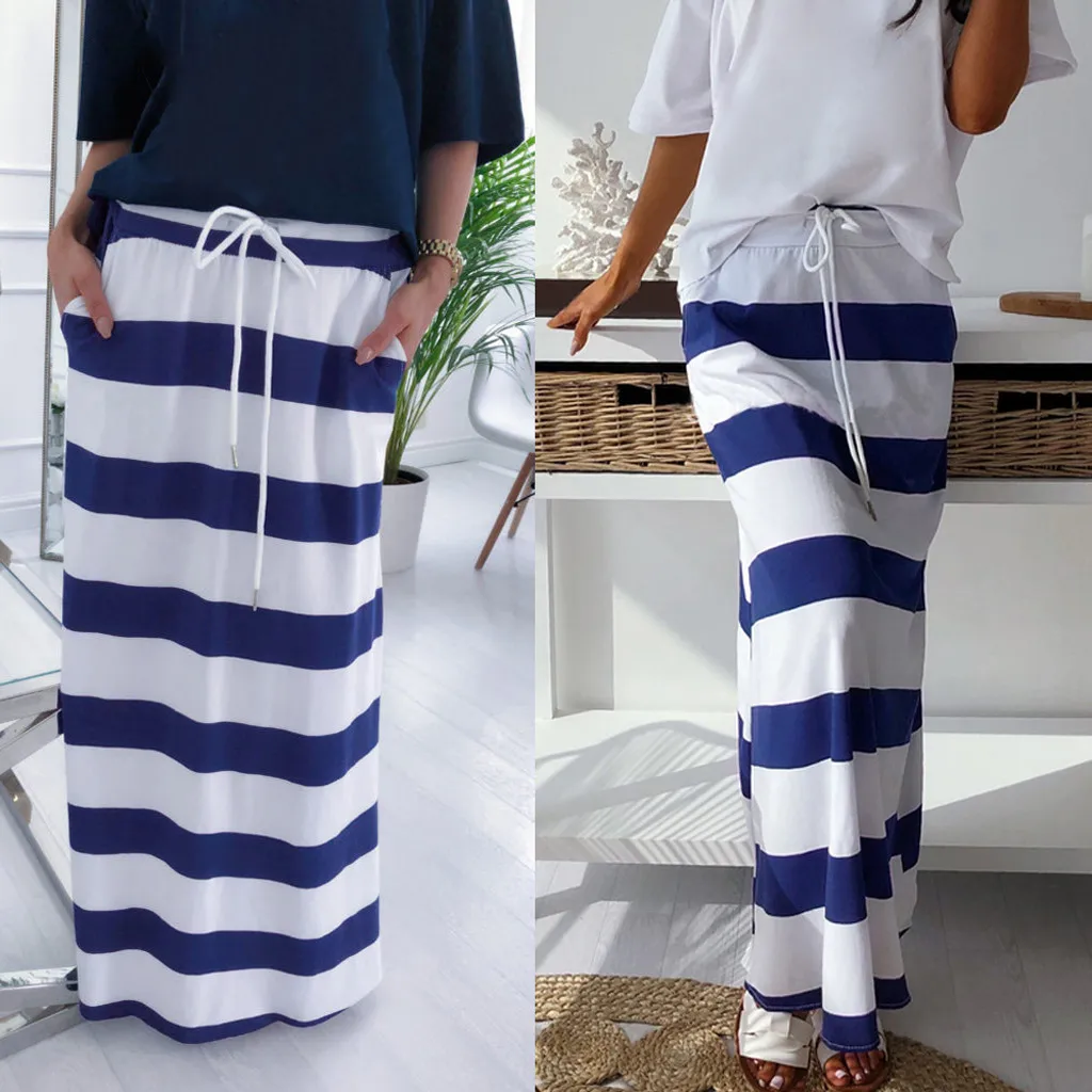 Полосатый принт Повседневное длинные юбки jupe Для женщин Ретро летнее платье в полоску, с высокой талией А-образные юбки половина-Длина юбка# C7