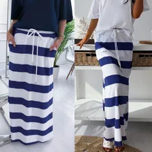 Полосатый принт Повседневное длинные юбки jupe Для женщин Ретро летнее платье в полоску, с высокой талией А-образные юбки половина-Длина юбка# C7