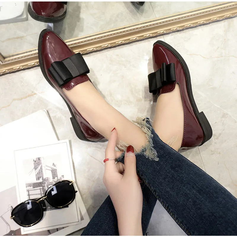 Dropshipping Women Shoes Bowtie Flats Patent Leather Elegant Low Heels Slip On Footwear Female Pointed Toe Thick Heel XXZ04