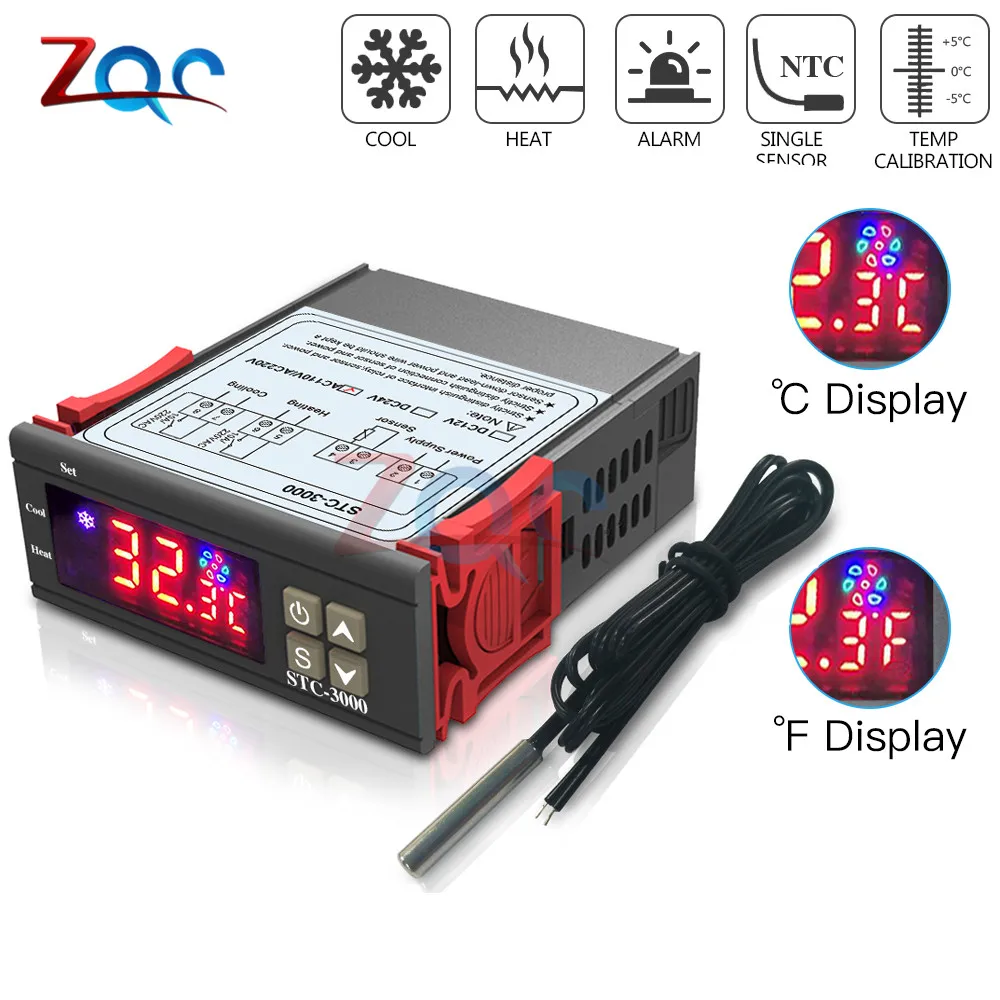 

STC-3000 DC 12V 24V AC 110V-220V LED Digital Temperature Controller Thermoregulator thermostat Control With Heater Cooler Sensor
