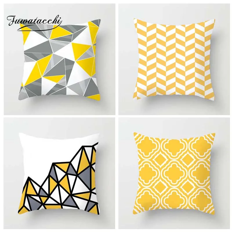 cheap Fuwatacchi Geometric Style Cushion Cover Ripple Diamond Printed Pillow Cover Yellow White Decorative Pillows For Sofa Car