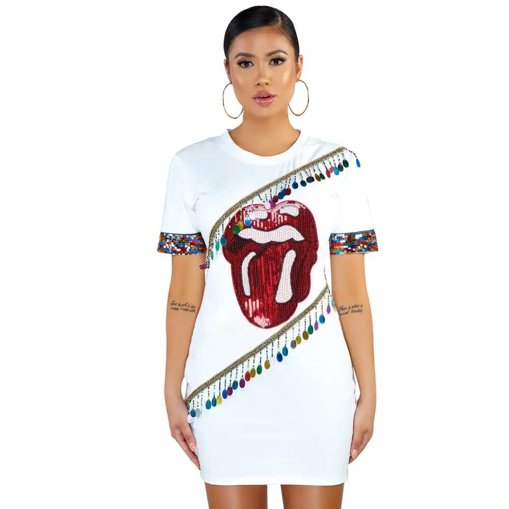 

2019 New Sequined Tassel Women Dresses Big Lips Printed Mini Midi Club Dress Black White