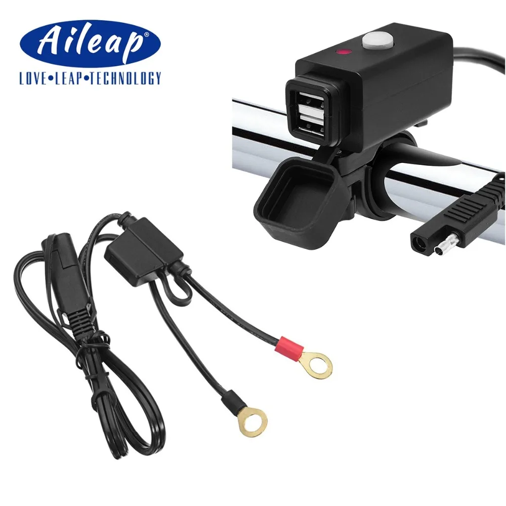 

Aileap Waterproof Motorcycle Dual USB Charger Adapter with SAE Quick Connector and Power Switch 5V Smart Charging Power Port