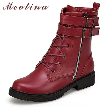 

Meotina Autumn Motorcycle Boots Women Boots Lace Up Buckle Flat Ankle Boots Zipper Round Toe Shoes Lady 2019 Red Plus Size 34-43
