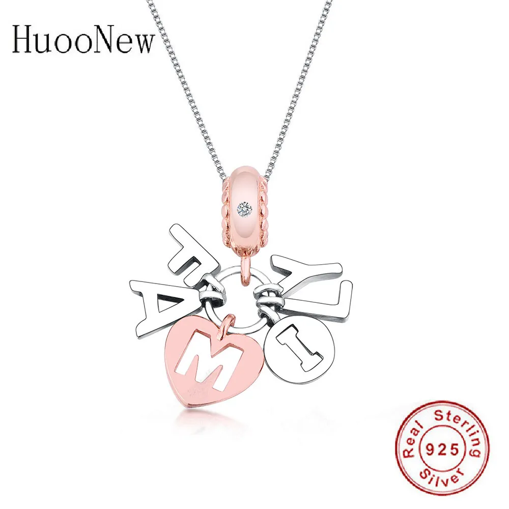 

Pure 925 Sterling Silver Rose Gold Letter Family Statement Pendant Necklace Femme Choker Student Chian Best Friend 2019 Collier