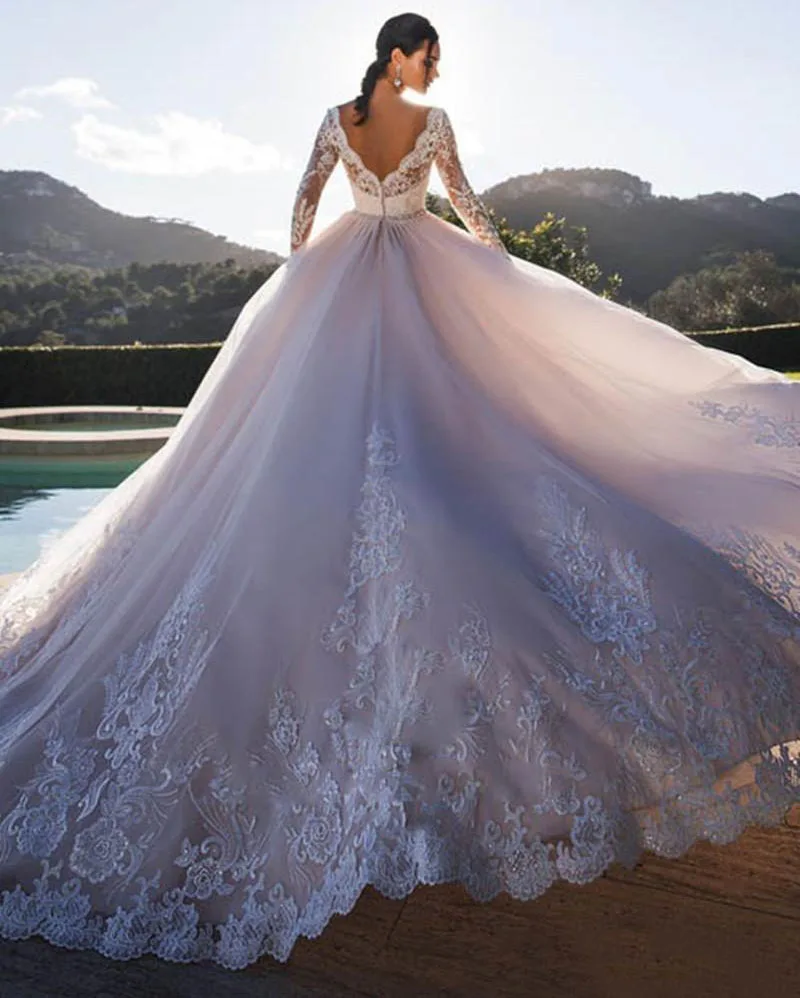 SoDigne светло-розовые свадебные платья с длинными рукавами и открытой спиной невесты платье с открытой спиной бальное платье Свадебные платья