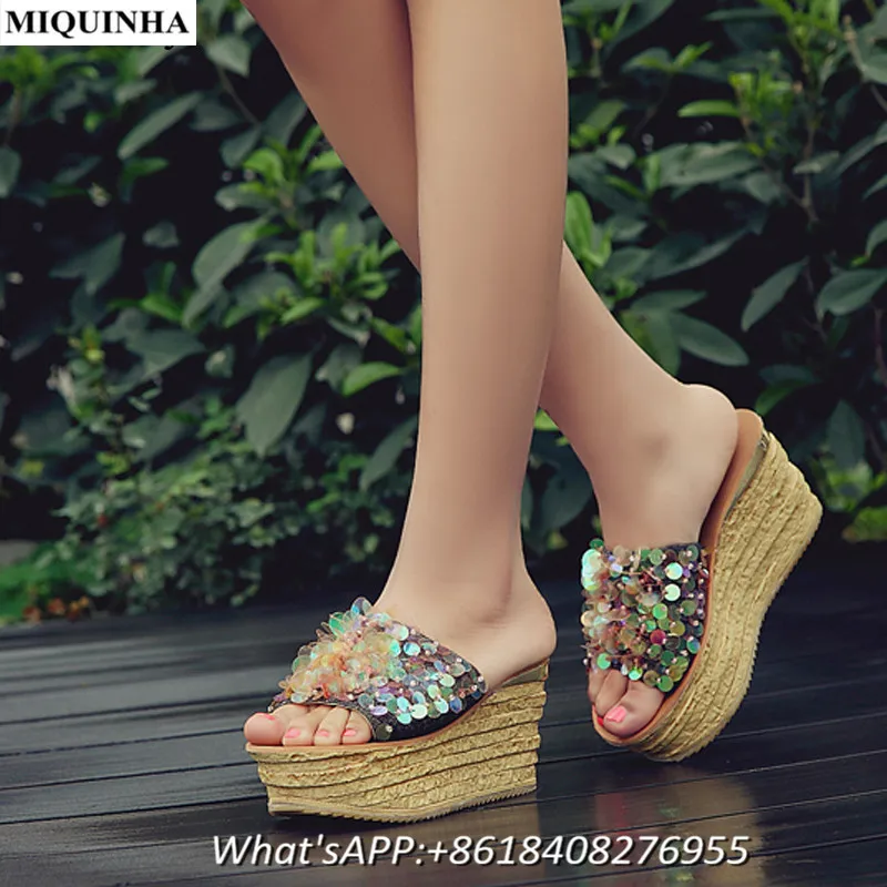 

MIQUINHA Summer High Heels Sandals Women Sequins Wedges Heels Beach Shoes Thick-Soled Platform Shoes Casual Summer Slippers