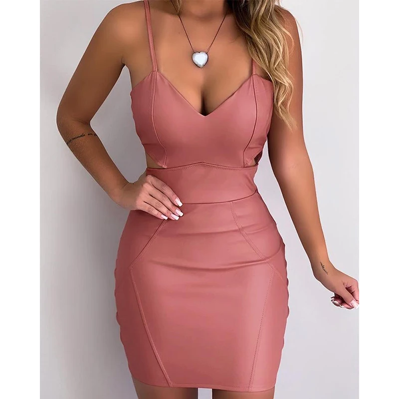 Спагетти ремень искусственная кожа платье Для женщин облегающие праздничное платье сексуальное приталенное платье мини Клубная одежда лето цвет розовый цвет, платья - Цвет: Розовый