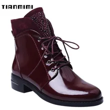 

Tianmimi Burgundy Style Women Ankle Boots Red Grey Square Heels Rhinestones PU Leather Women Shoes Laces Up Winter Femme Botas