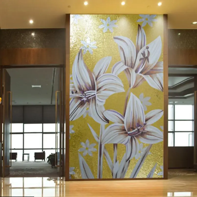 Golden Background White Lily High end Custom Mosaic Mural Banquet Hall