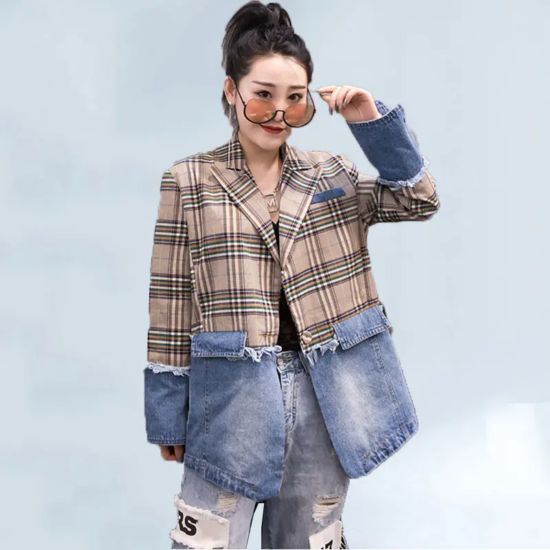 

Stitching Denim Jacket Suit 2019 Blazer Women European Autumn New Jacket Women Blazer Korean Lapel Casual Lattice Blazer Femme