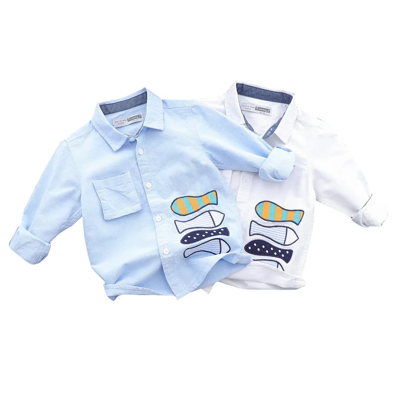 

2018 Spring New Children Boys Loose Turn Down Collar Long Sleeve Shirts Baby Kids Cotton Solid Embroidery Cartoon Brand Blouses