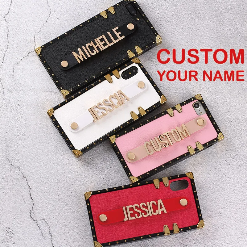 

Personalized Leather Trunk Case Holding Strap Gold Metal Custom Name Text Phone Case For iPhone 6 6S XS Max XR 7 7Plus 8 8Plus X