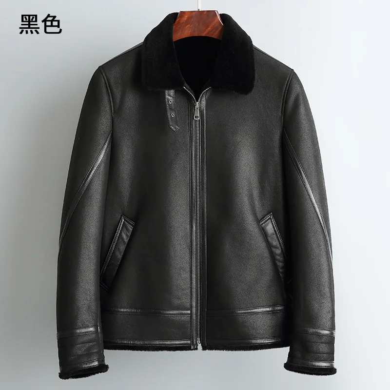 Real Fur Coat Short Winter Jacket Men Sheep Shearling Fur Coat Stand Collar Warm Wool Jackets Veste Homme R-016 YY558 - Цвет: Black