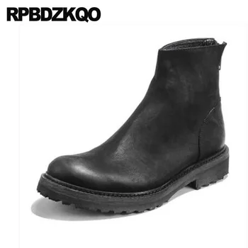 

High Quality Vintage Genuine Leather Shoes Designer Short Zipper Autumn Winter Men Boots With Fur Lined Ankle Full Grain 2018