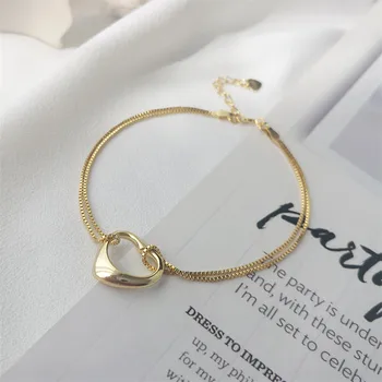 

PINJEAS s925 silver heart love golden double layer simple rolo bracelet gift for women jewelry