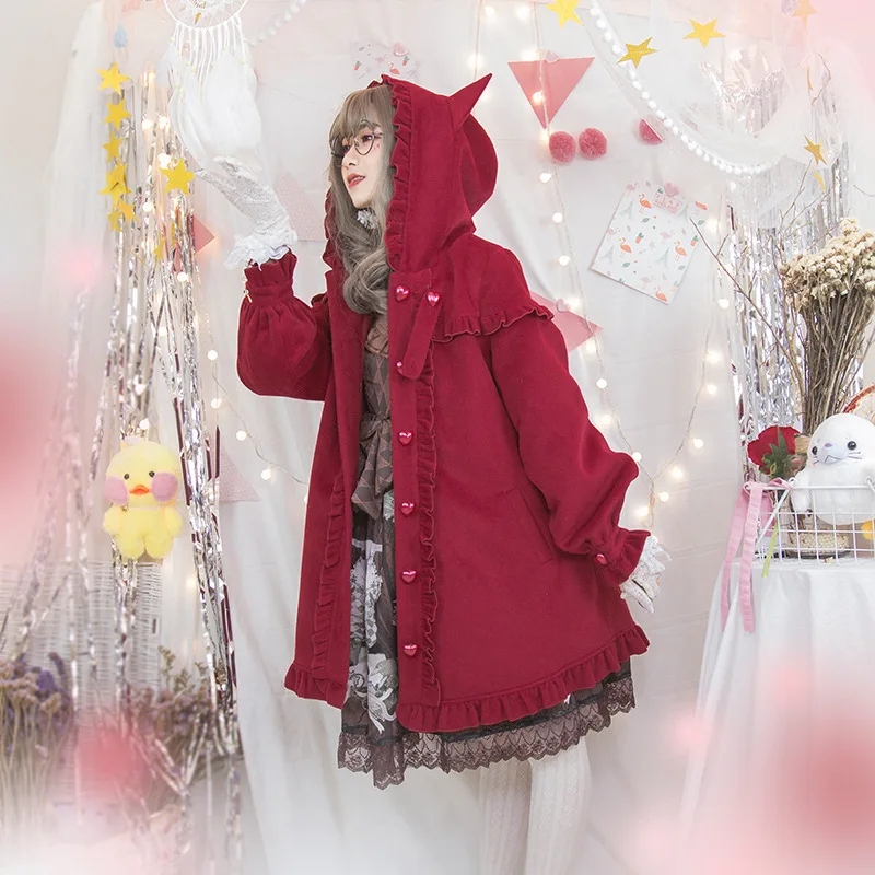 

Free New Real Shipping 2019 Little Red Riding Hood Falbala Cape Coat Female Japanese Sweet Joker Lolita Hooded Fur