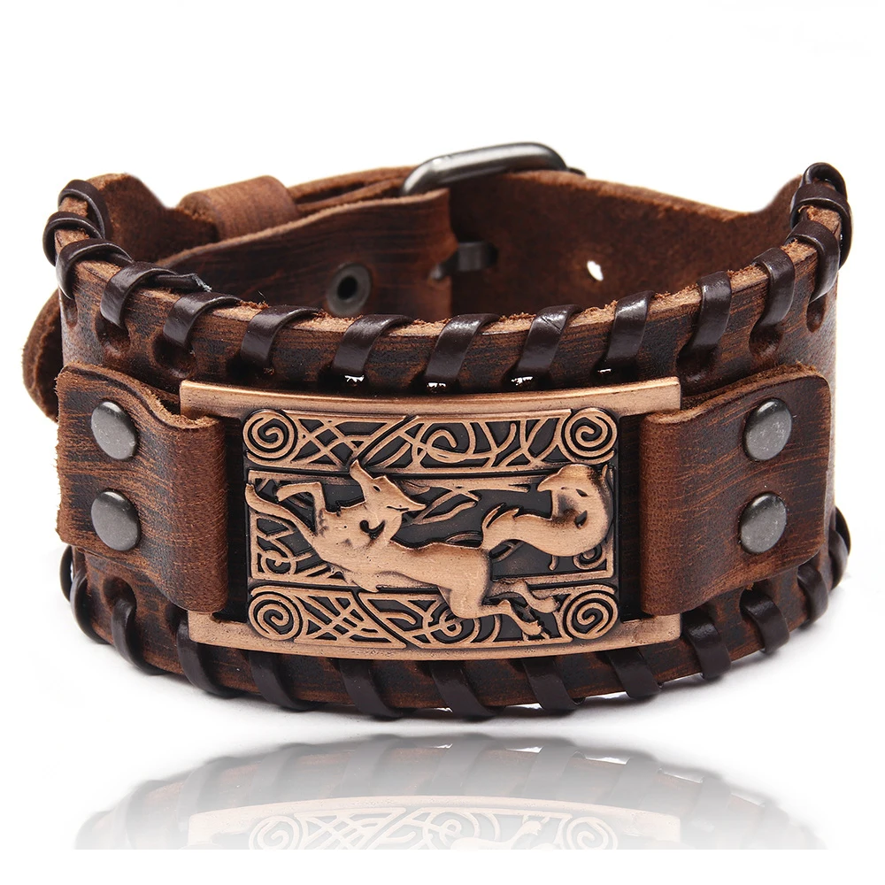 Charm Wide Leather Bracelet Men Punk Braided Rope Alloy Cuff Bangle Male Wristband Viking Bracelet Mens Jewelry