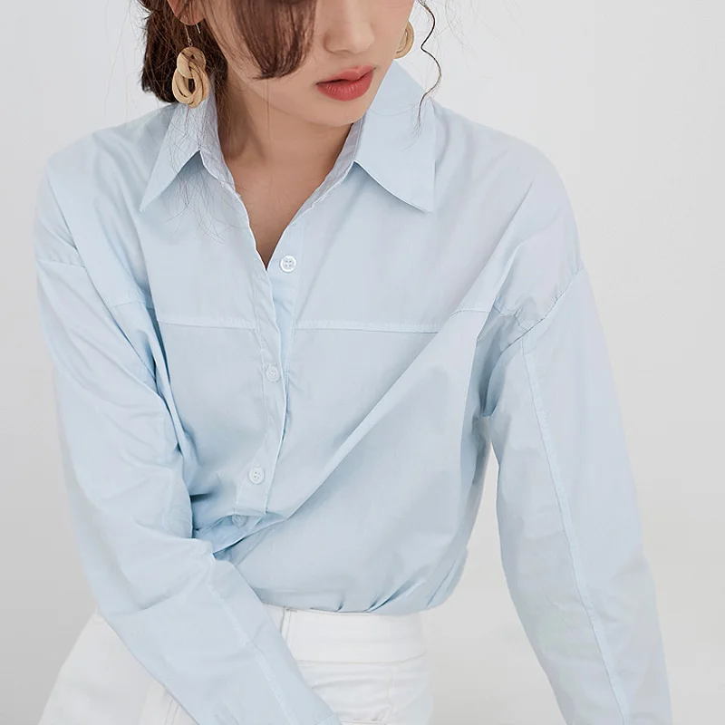 light blue Весенняя белая женская рубашка, женская блузка, Топ с длинным рукавом, повседневные свободные женские рубашки, OL стиль, женские блузки, blusas mujer - Цвет: light blue