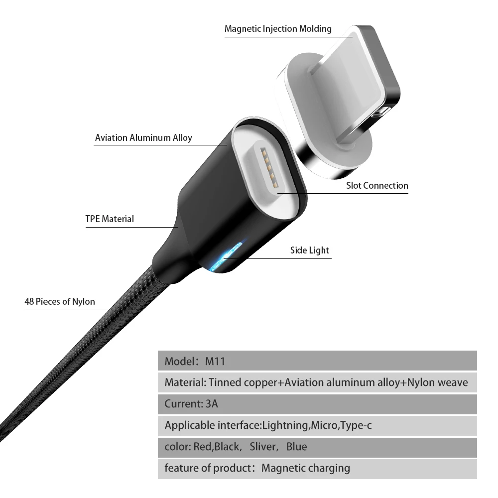 Магнитный USB кабель 3A Type C Micro для быстрой зарядки магнитное зарядное устройство iOS