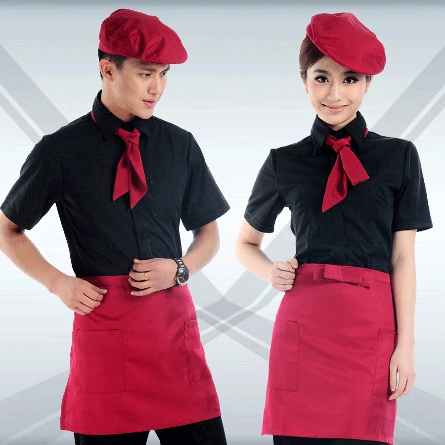 Комплект одежды для работы в отеле унисекс с короткими рукавами для отеля кафе Обои Черная дешевая униформа для персонала с фартуком