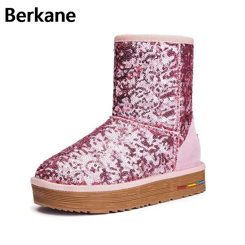 

Silver Sequined Giltter Women's Snow Boots Warm Winter Fur Full Grain Leather Plush Platform Casual Waterproof Shoes Female Flat