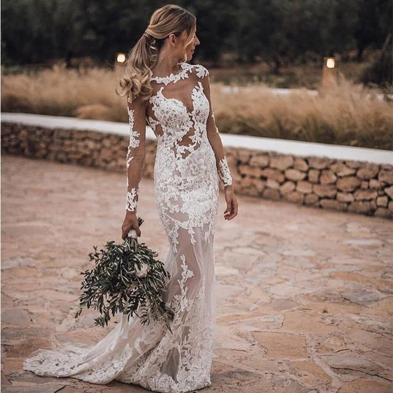 

New Scoop Illusion Mermaid Wedding Dresses Long Sleeves Appliques Sexy Bridal Wedding Gowns Sweep Train Robe De Mariee