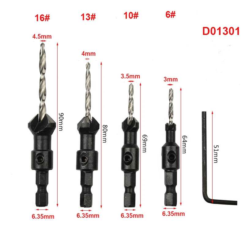 4 шт./компл. конус с овальным вырезом на перевернутый угол дрель 1/" шестигранным хвостовиком Сверло опускается на дно зенковки сверло деревообрабатывающий Расширитель отверстий - Цвет: Long Type-4pcs