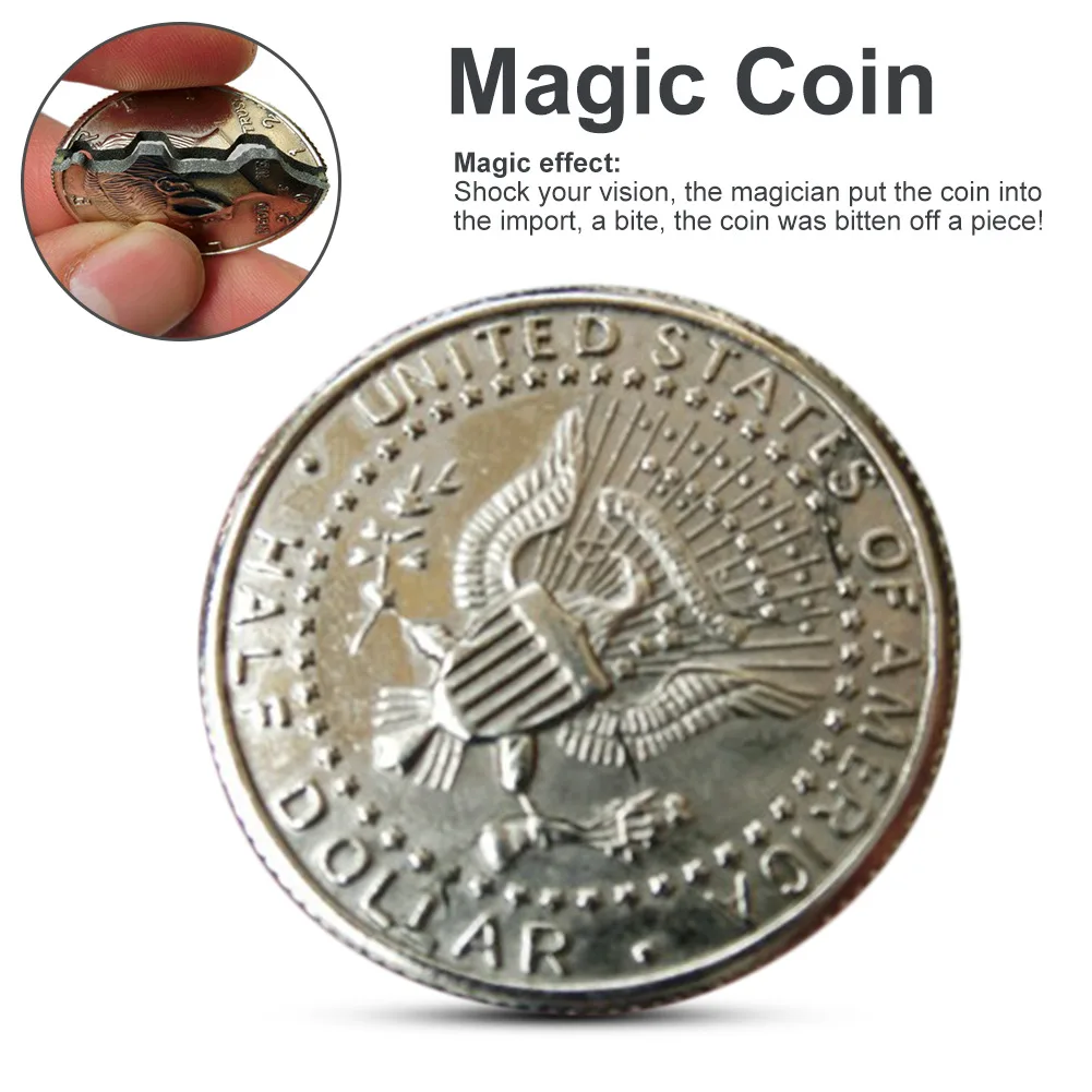Хит, два раза, Биткойн, долларах, магический, крупным планом, укус, восстановленная иллюзия, монета для магического шоу, биттеновая монета, монета и кусация
