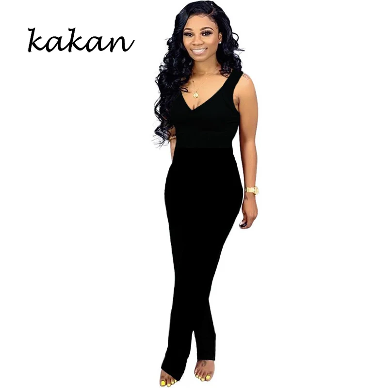 

Kakan new fashion women's slim jumpsuit sexy deep V-neck waist bow jumpsuit black wine red pencil pants