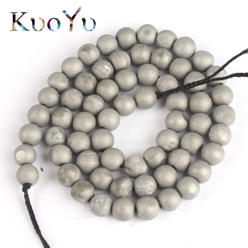 

Natural Stone Silver Metallic Coated Druzy Agates Round Loose Beads 15"6 8 10mm For Jewelry Making DIY Necklace Bracelets