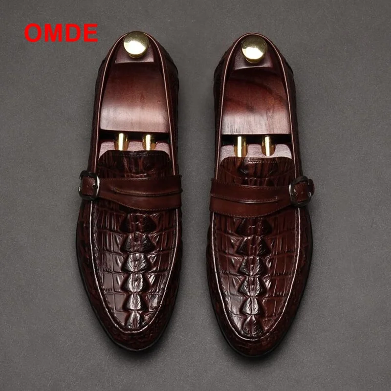

OMDE Crocodile Pattern Genuine Leather Loafer Shoes Round Toe Men Loafers With Buckles Mens Boat Shoes Slip-on Men Dress Shoes