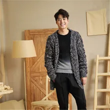 Ручная работа чистая шерсть Vneck витая вязка Мужская мода однотонный толстый H-прямой свободный свитер кардиган один и более размер