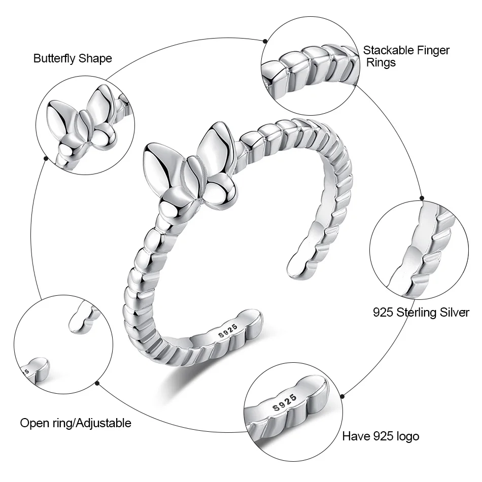 ELESHE Lovely Ladies Butterfly 925 Sterling Silver Open Rings For Women With Silver Adjustable Ring Jewelry Gifts