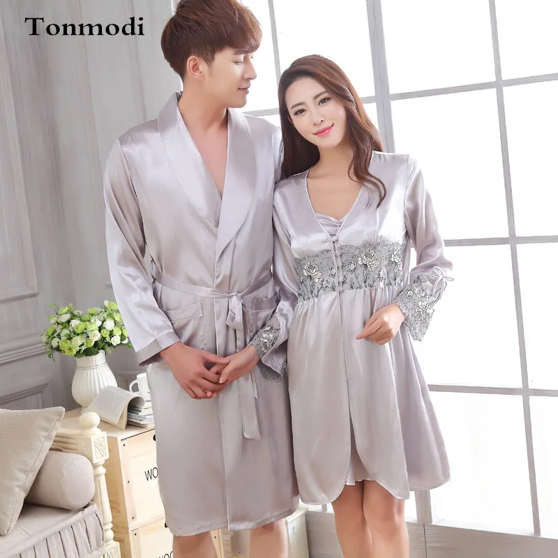 Couples Robe Sets Love Men Sleepwear Long sleeve V Neck Silk Bathrobe Women Luxury Silk Robesin
