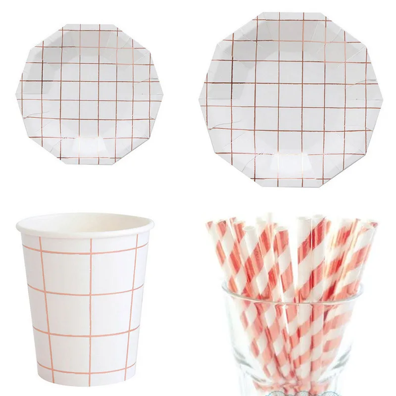 

Nordic Simple Disposable Tableware Rose Gold One-off Paper Plates Cup Straws Birthday Party Wedding Carnival Tableware Supplies