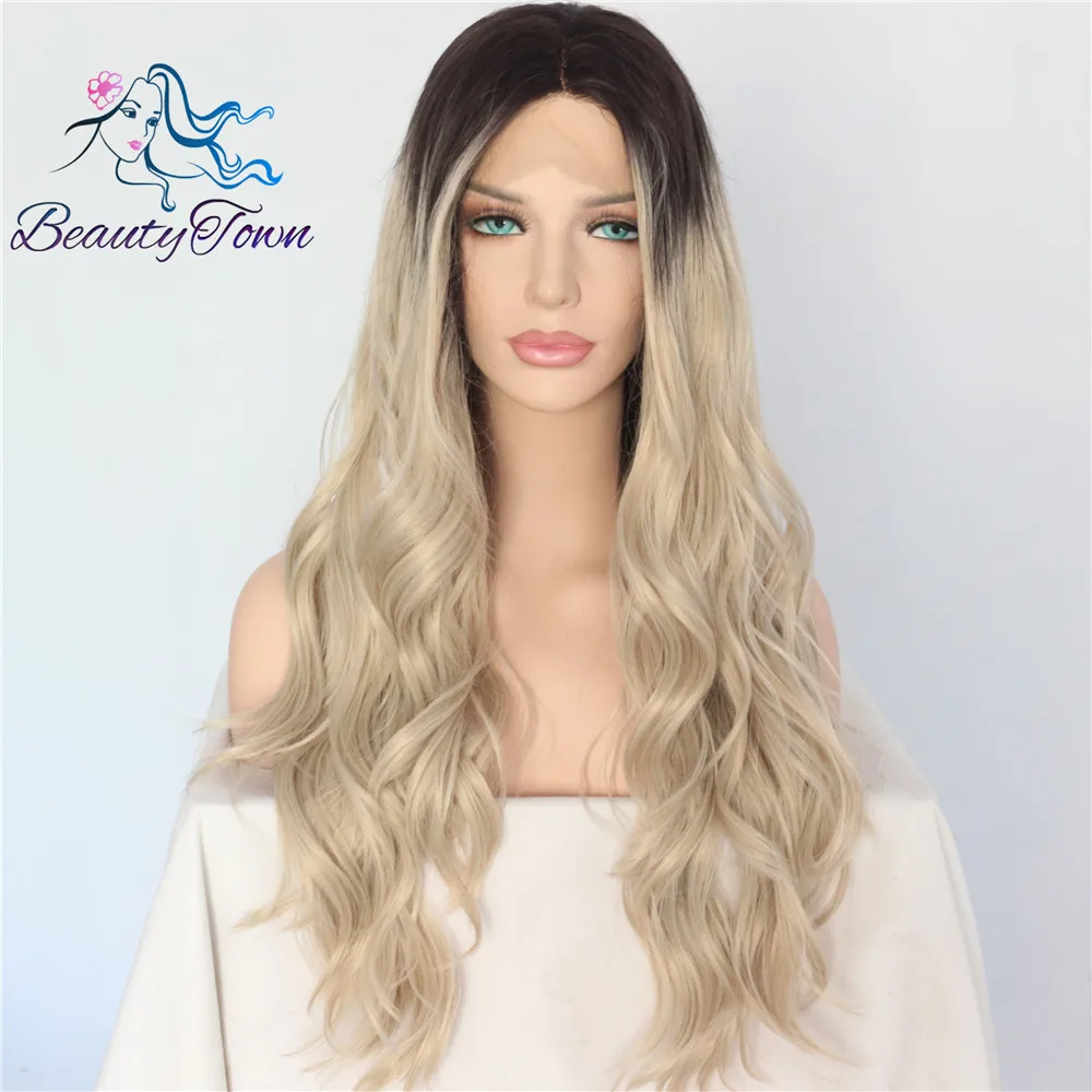 

BeautyTown Black Ombre Blonde Heat Resistant Hand Tied Blogger Daily Makeup Cosplay Long Synthetic Lace Front Wedding Party Wig